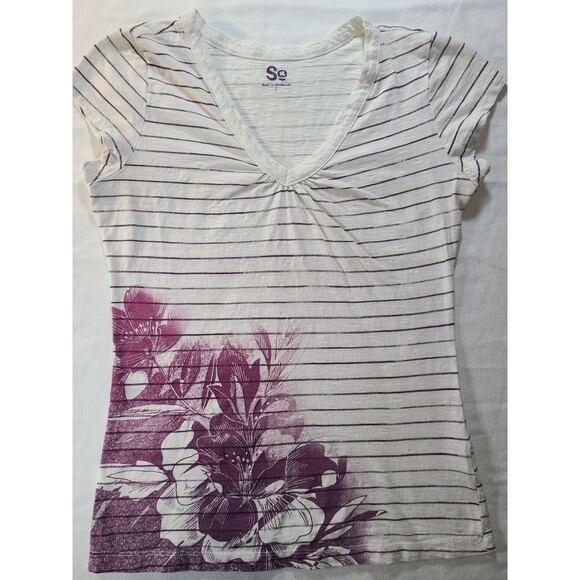 SO 2-Pack Cotton Tees Size Small White & Pink Floral Stripe V-Neck Top - Picture 2 of 11